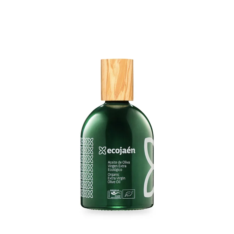 Botella de Ecojaén, aceite de oliva ecológico de Jaén con tapón de madera de olivo