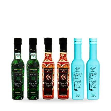 Combinación de aceites Castillo de Canena Harissa, Plancton y Humo de roble. Estuche de 6 botellas de 250 ml.