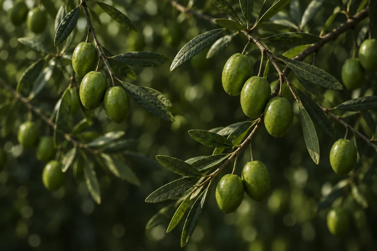 Aceitunas verdes de la nueva cosecha en el olivo